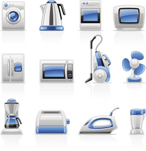 家电图标:洗衣机、微波炉、电视机、电扇、熨斗、冰箱。图片下载