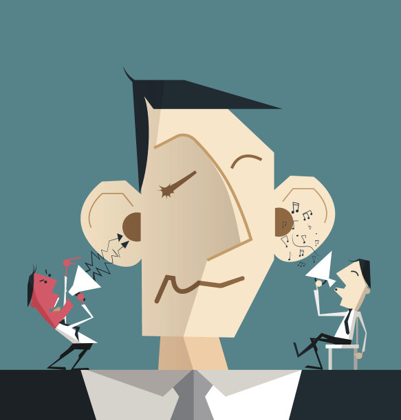 卡通商人与魔鬼和天使帮助他决定素材图片