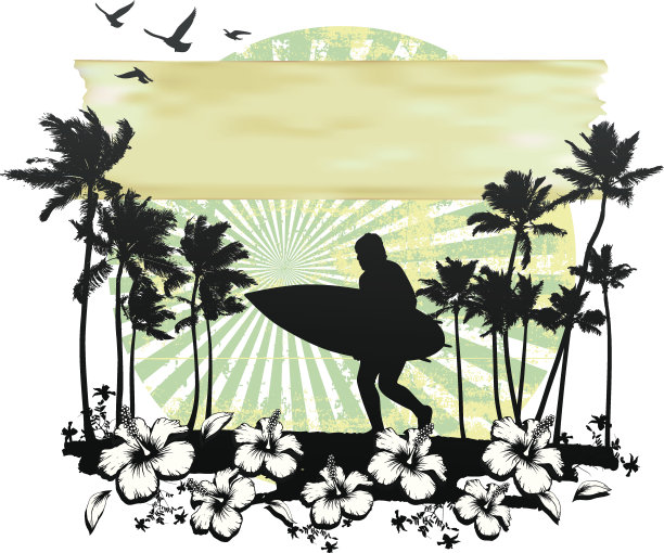 夏日的环抱场景与木槿冲浪者奔跑和棕榈树图片下载