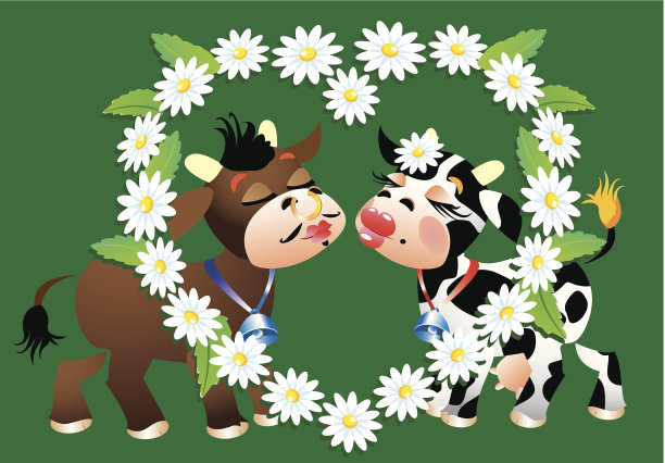 卡通亲吻奶牛和雏菊边界图片下载