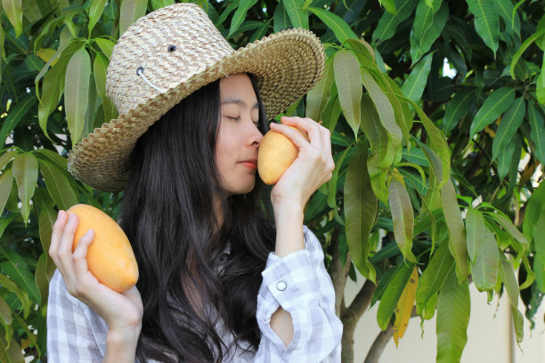 年轻女子闻着成熟的芒果图片下载