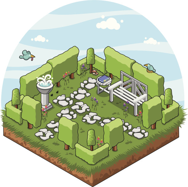 高树篱后的隐藏花园(等距矢量)图片下载