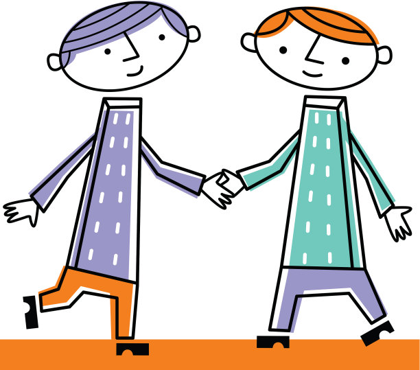 男人用建筑物做身体，手牵着手图片下载