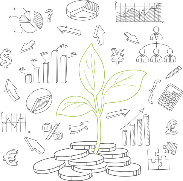 钱树萌芽和金融符号矢量素描图片下载