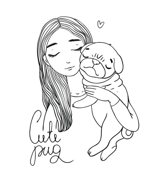 漂亮的小女孩和可爱的哈巴狗。图片下载