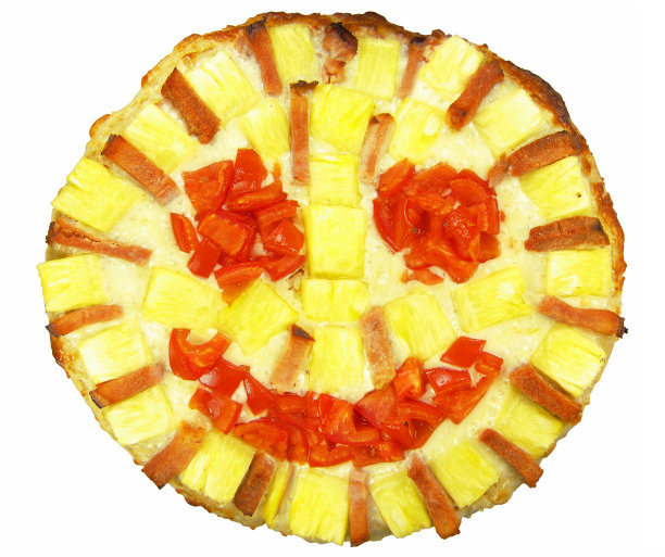 西红柿、火腿和菠萝的笑脸披萨图片下载