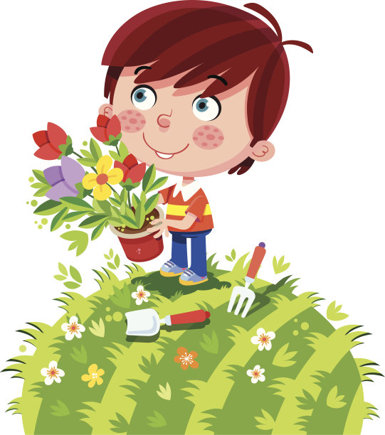 小男孩拿着花。图片下载