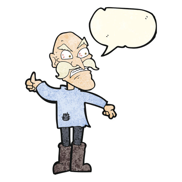 卡通愤怒的老人在打补丁的衣服与讲话气泡图片下载