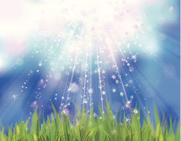 矢量阳光天空背景和绿色的草。图片下载