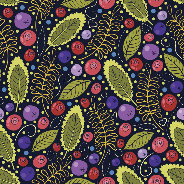 无缝模式与浆果，树叶和点图片下载