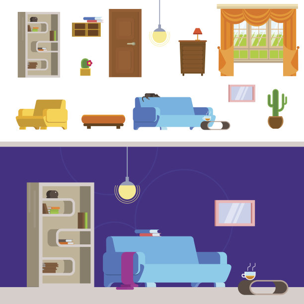 平面风格的客厅室内矢量插图。素材图片