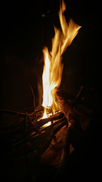 夜里，户外的火烧得通红。燃烧的原木图片下载