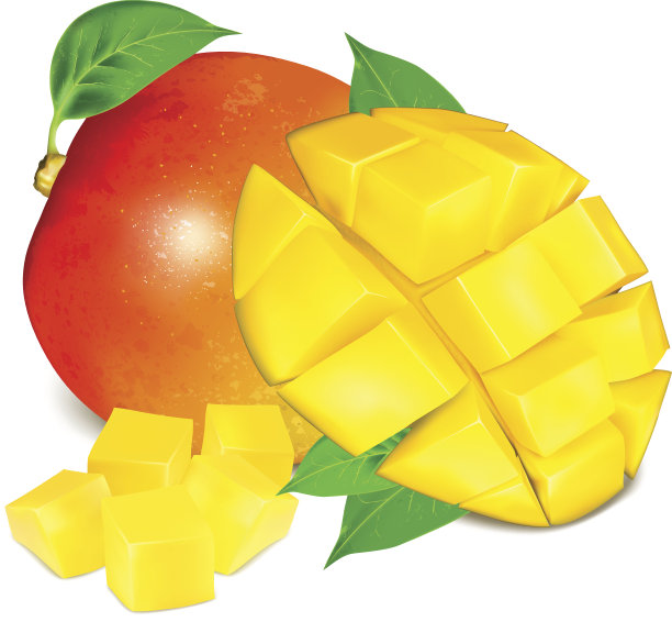 熟透的新鲜芒果切片和叶子。素材图片