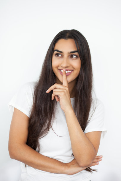 微笑可爱的印度女人做沉默手势图片下载