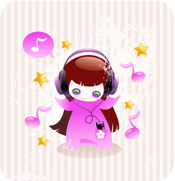 卡通小女孩在听音乐图片下载