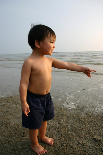 小男孩指着海滩图片下载