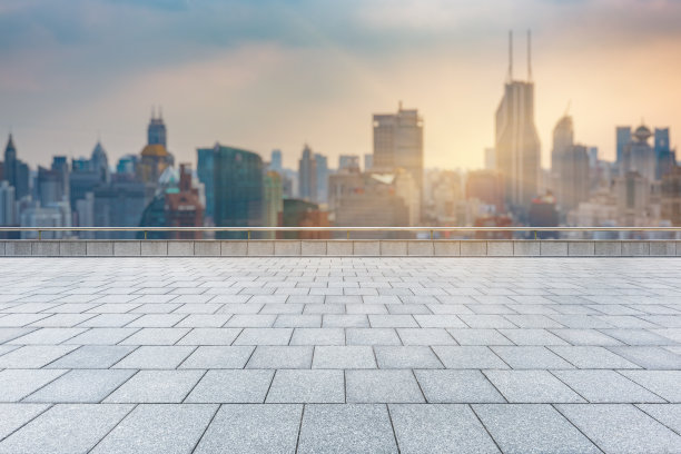 空砖地板与城市天际线背景图片下载