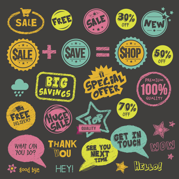 黑板上手绘风格徽章和贴纸素材图片下载