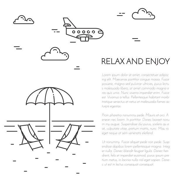 旅游垂直横幅与沙滩伞，休息室，飞机线艺术图片下载