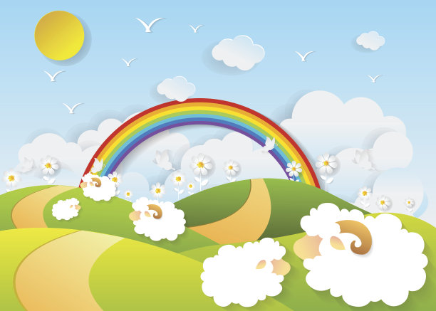 山水羊在田野，纸艺术风格图片下载