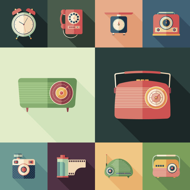 一套彩色的复古平方形图标与长阴影。图片下载