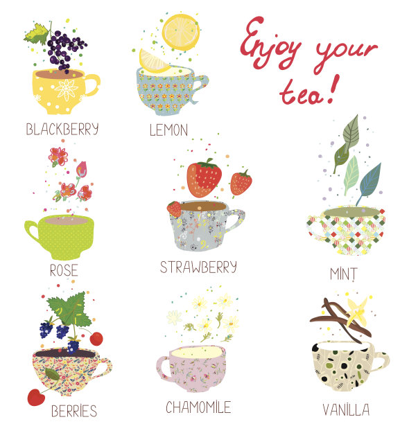 茶杯与茶具-浆果，柠檬，薄荷，香草图片下载