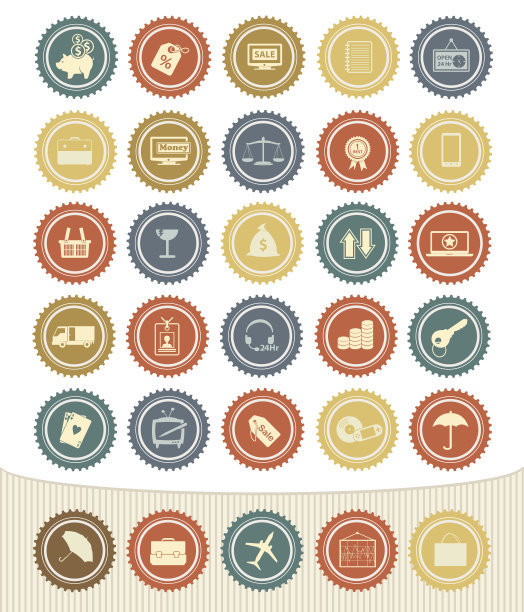 商业和营销图标设置，复古按钮图片下载