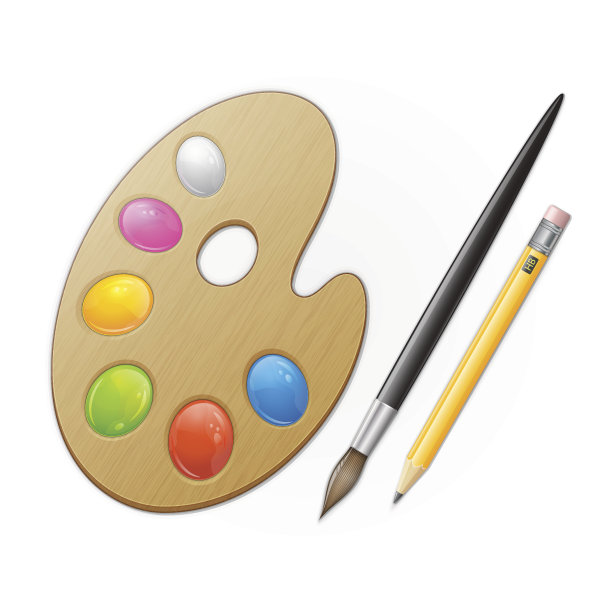 木制的艺术家调色板，黄色的铅笔和黑色的画笔。图片下载