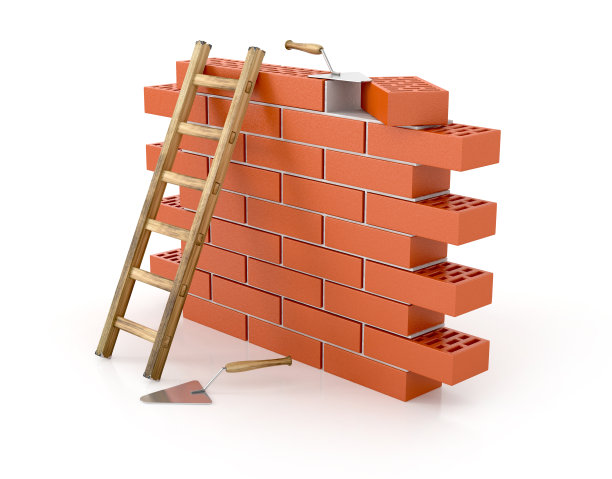 用梯子和泥铲砌砖墙。图片下载