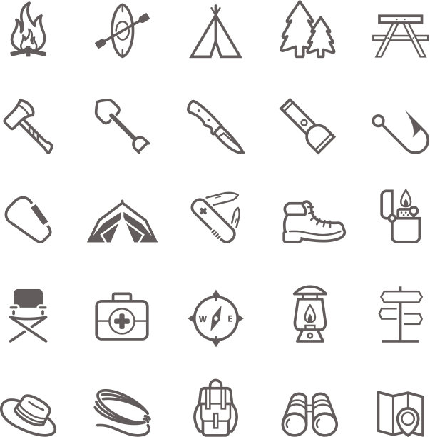 一套轮廓描边露营图标图片下载