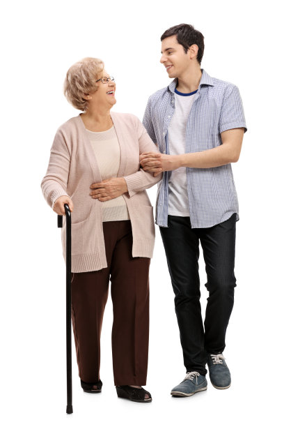 一个年轻人用拐杖帮助一个成熟的女人图片下载