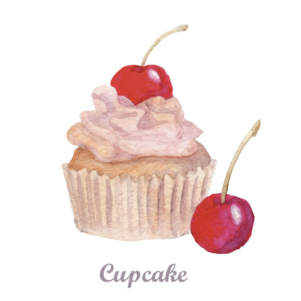 樱桃和奶油纸杯蛋糕。手绘水彩画图片下载