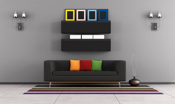 现代客厅与黑色沙发图片下载