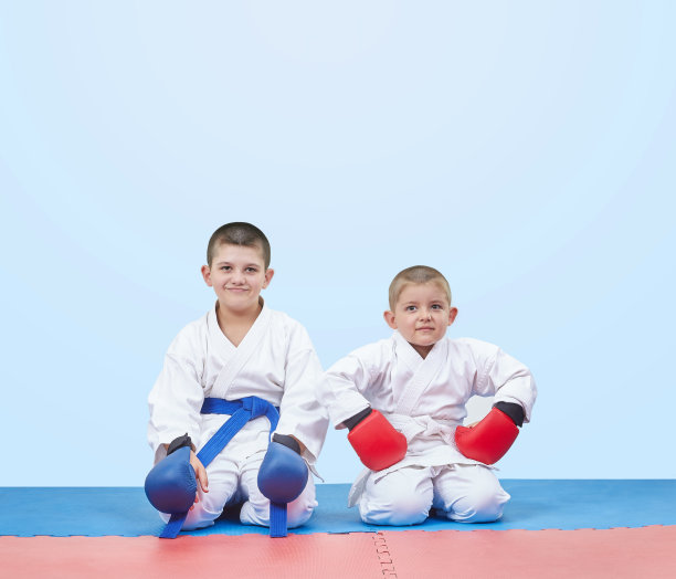 兄弟空手道男孩坐在空手道姿势在垫子上图片下载
