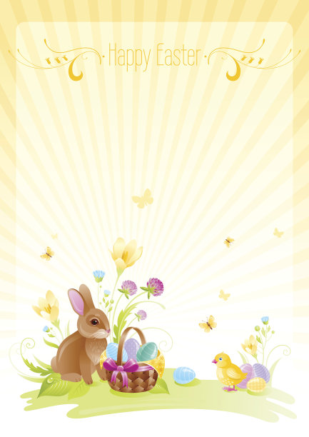 复活节横幅边框快乐。兔子，鸡蛋，春天的花。矢量图图片下载