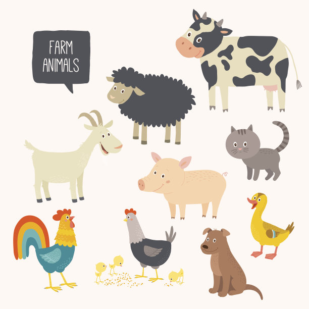 一套可爱的农场动物-狗，猫，牛，猪，母鸡，公鸡，鸭子，山羊。图片下载