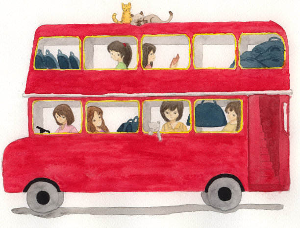 红色巴士上有女孩和猫的插图图片下载