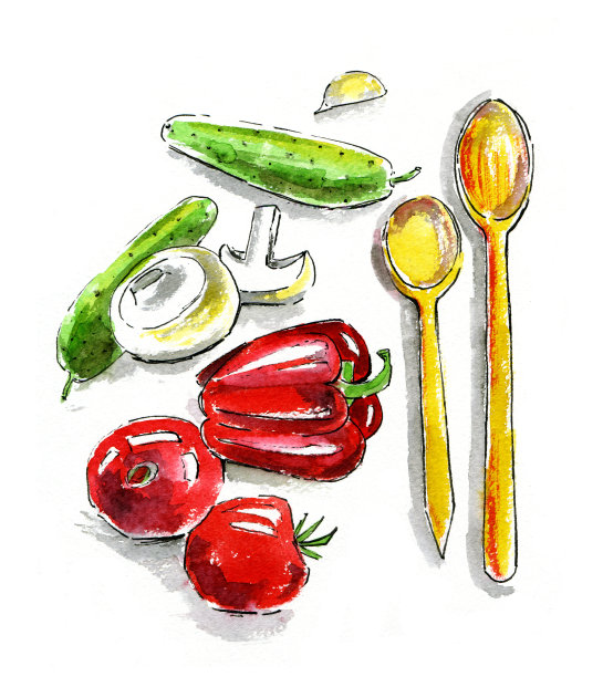 水彩蔬菜:蘑菇，黄瓜，大蒜，番茄，辣椒图片下载