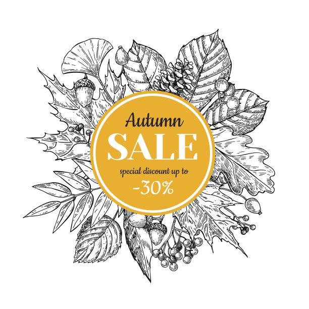 秋天销售矢量旗帜与树叶和浆果。手绘图片下载
