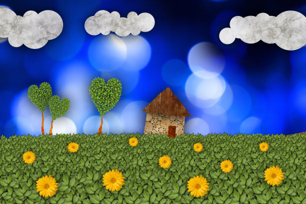 乡村景观插图，绿地和住宅素材图片