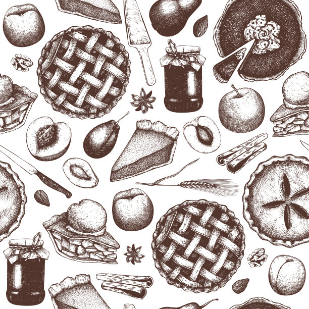 无缝图案用墨水手绘水果甜点素描。图片下载