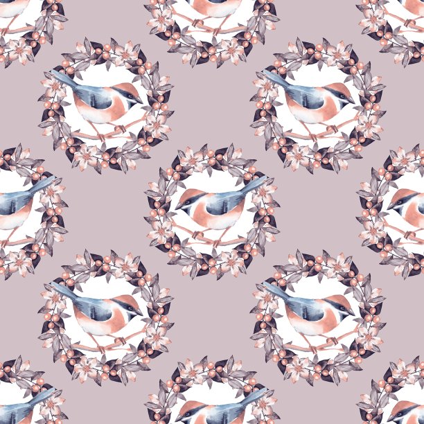 无缝图案与鸟和花卉花环3。水彩画图片下载