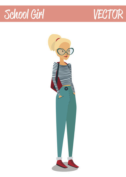 金发学生女孩卡通人物插图微笑图片下载