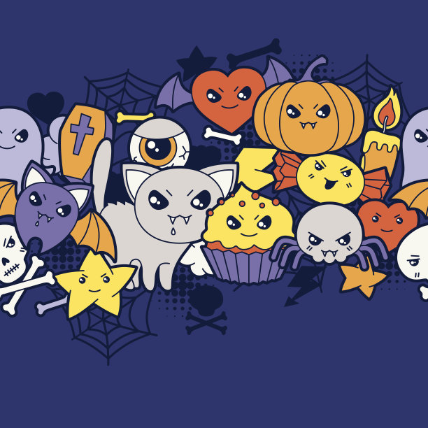 无缝万圣节卡哇伊图案与可爱的涂鸦。图片下载