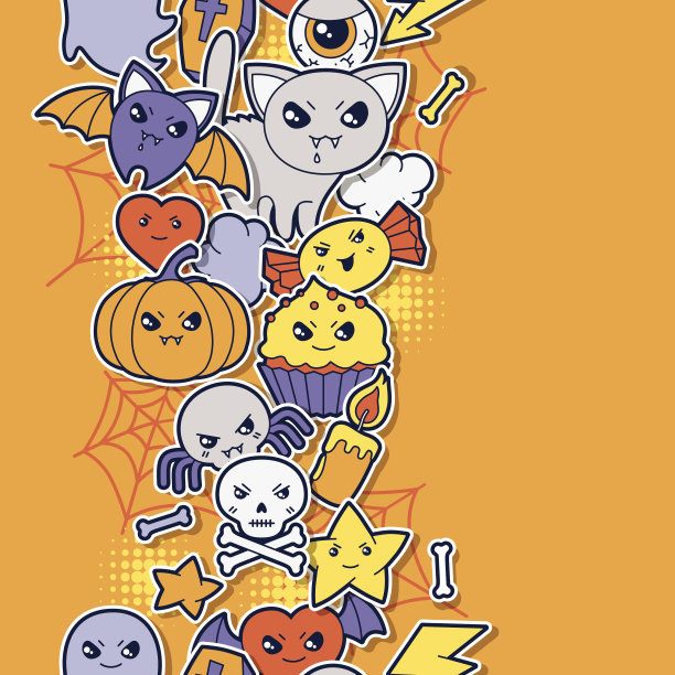 无缝万圣节卡哇伊图案贴纸可爱的涂鸦。图片下载