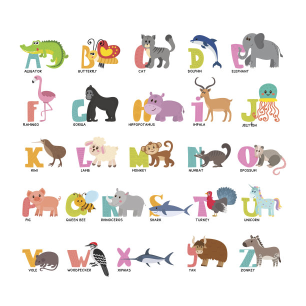 可爱的卡通动物从A到Z字母表图片下载
