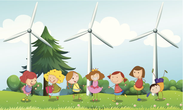 七个小孩在山上玩三个风车图片下载