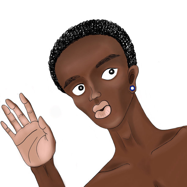 一个卷着头发的卡通黑人青年正带着一种不安的情绪看着，他用手势向前面说你好或再见。图片下载