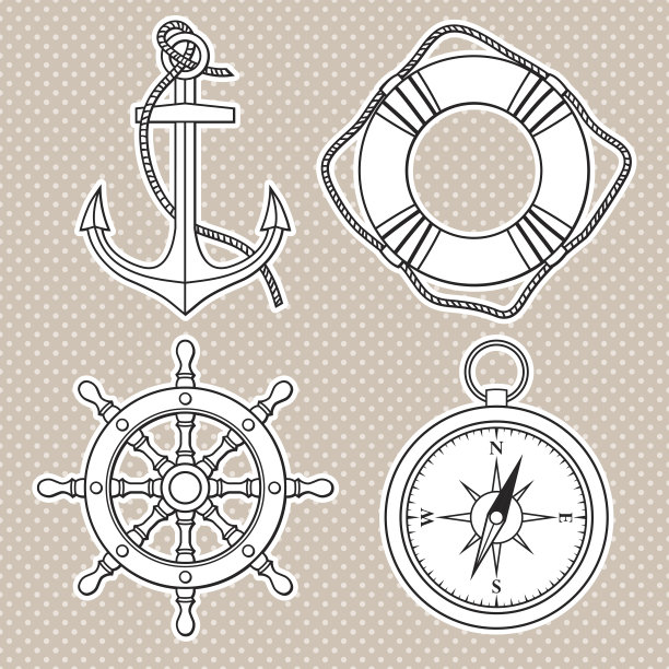 装有孤立锚、救生圈、船轮、罗盘的矢量装置。图片下载