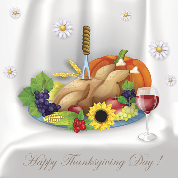 感恩节晚餐上有火鸡、水果和葡萄酒的插画图片下载